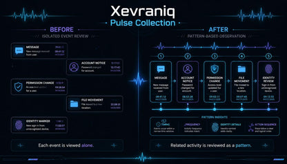 A digital infographic titled 'Xevraniq Pulse Collection' comparing a 'Before' isolated event review approach with an 'After' pattern-based observation approach, presented on a dark blue background with glowing blue and white interface elements.