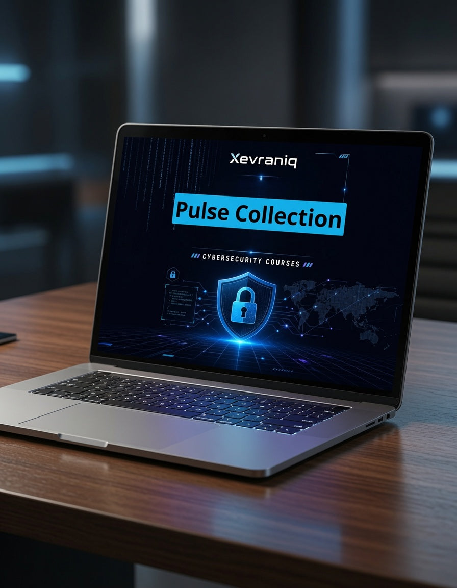 An open silver laptop sits on a wooden desk, displaying a dark cybersecurity-themed screen with the text 'Xevraniq' and 'Pulse Collection' in bright blue and white.