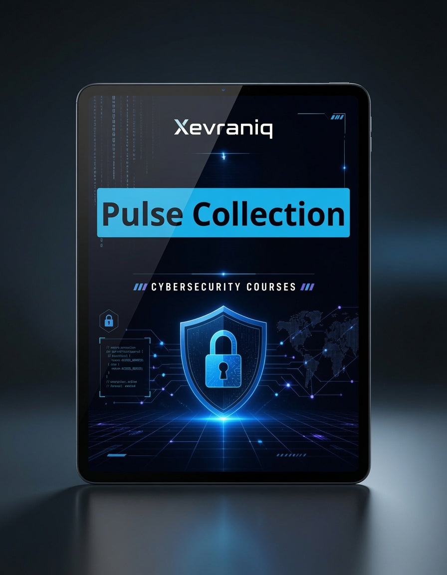 A tablet device on a dark reflective surface displaying a cybersecurity course cover titled 'Xevraniq Pulse Collection' with blue and cyan graphics, including a padlock icon and the words 'Cybersecurity Courses'.