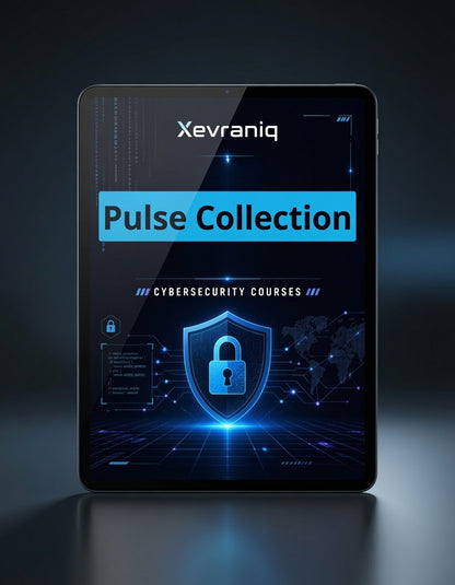 A tablet device on a dark reflective surface displaying a cybersecurity course cover titled 'Xevraniq Pulse Collection' with blue and cyan graphics, including a padlock icon and the words 'Cybersecurity Courses'.