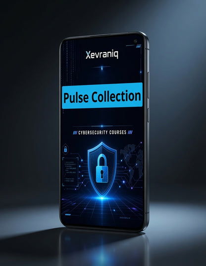 A smartphone shown upright on a dark reflective surface, displaying a promotional screen for 'Xevraniq Pulse Collection' cybersecurity courses with blue glowing graphics and a padlock icon.