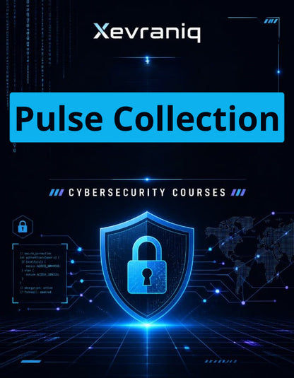Promotional graphic for Xevraniq Pulse Collection cybersecurity courses, featuring a glowing blue shield with a padlock on a dark digital grid background with code and world map elements.