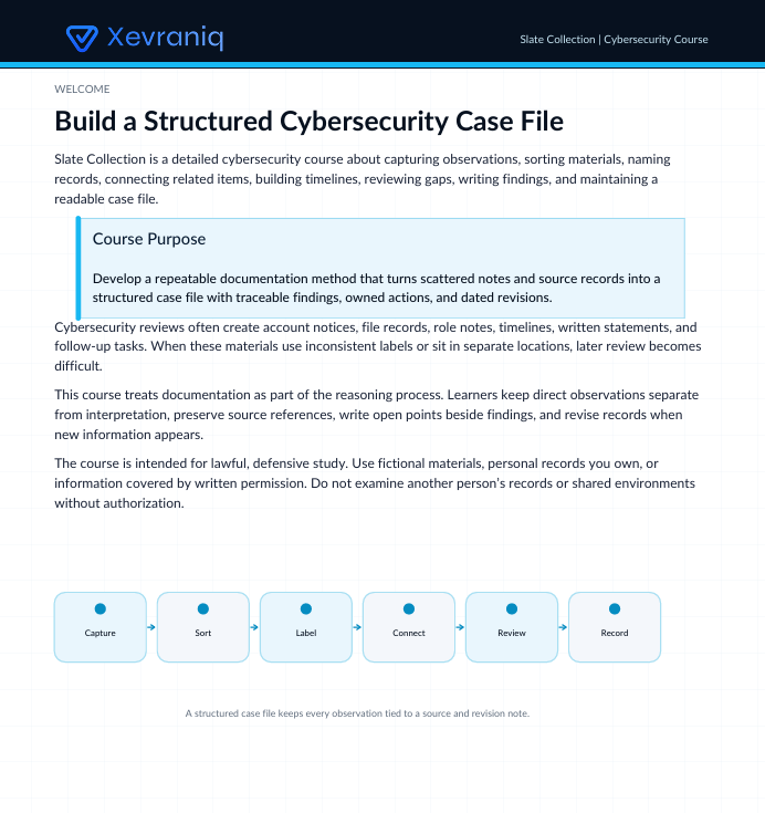 A screenshot of a document page from Xevraniq's 'Build a Structured Cybersecurity Case File' course, outlining course purpose, objectives, and a workflow diagram with Capture, Sort, Label, Connect, Review, and Record steps.