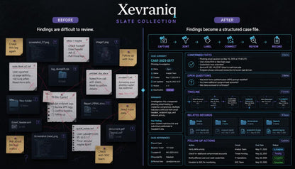 A digital presentation slide titled 'Xevraniq' and 'SLATE COLLECTION' comparing a 'BEFORE' workflow with an 'AFTER' structured case file interface. The left side shows a messy, cluttered dashboard with sticky notes and scattered cards, while the right side displays a clean, organized dark-themed software interface with various data fields and icons.