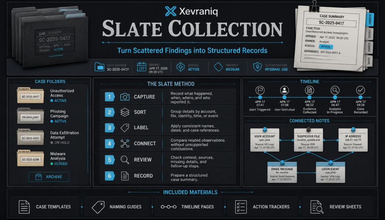 A promotional graphic for the Xevraniq Slate Collection, a digital case management system. The dark-themed banner features the Xevraniq logo and the text 'SLATE COLLECTION' alongside mockups of the software interface, including case folders, a 'The Slate Method' workflow diagram, and a timeline view.