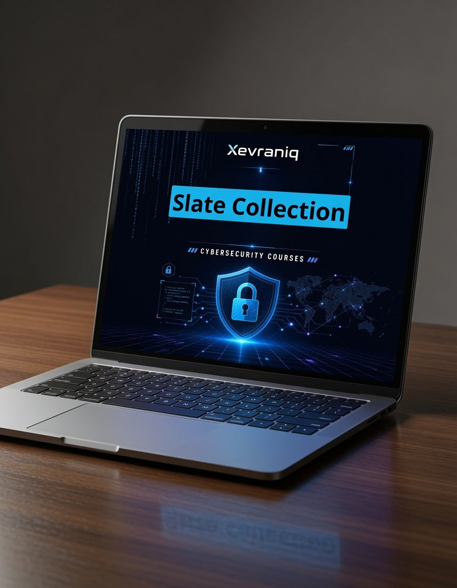 An open silver laptop on a wooden desk displaying a digital course banner for 'Slate Collection' by Xevraniq in cybersecurity, set against a dark gray background.