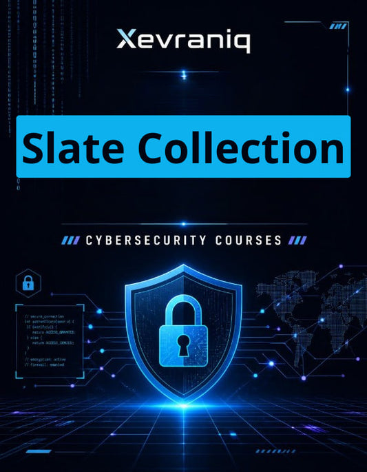 Promotional graphic for Xevraniq's 'Slate Collection' cybersecurity courses, featuring a glowing blue digital shield with a padlock icon on a dark tech-themed background with code and world map elements.
