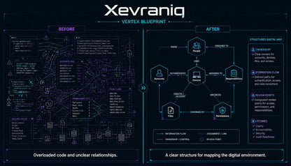A dark-themed infographic titled 'Xevraniq Vertex Blueprint' comparing a 'Before' state with an 'After' state using technical-style diagrams, icons, and text blocks on a black background.