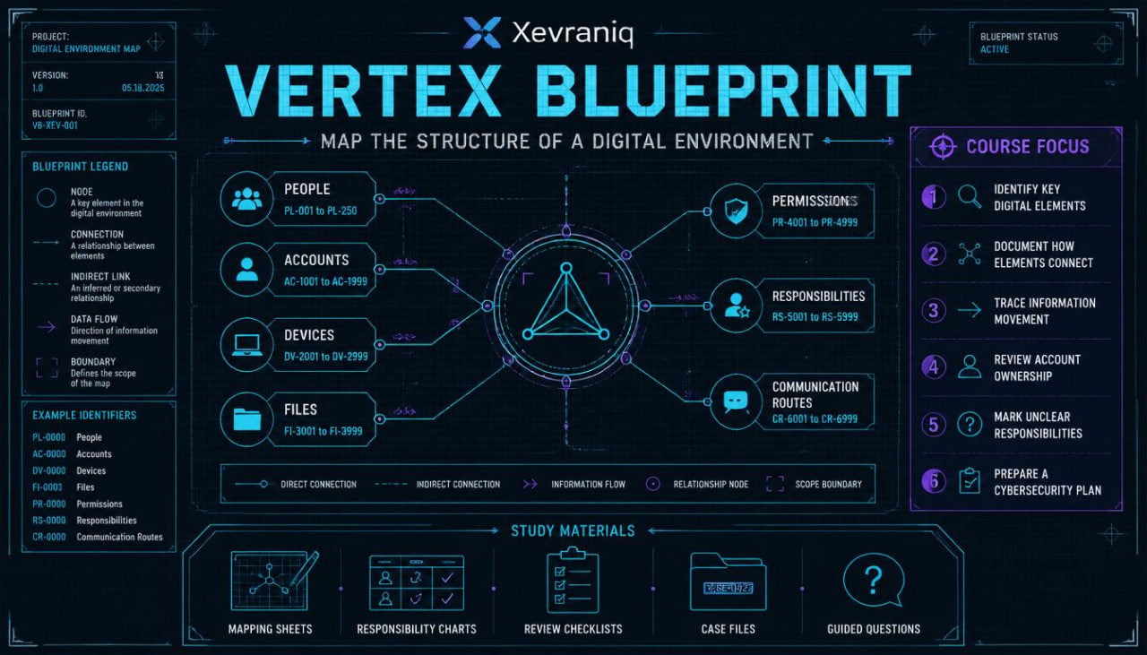 A digital infographic titled 'VERTEX BLUEPRINT' by Xevraniq, showing a dark blue and black cybernetic-style layout with glowing cyan lines and icons related to digital environment structure, permissions, accounts, devices, files, and study materials.