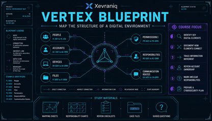 A digital infographic titled 'VERTEX BLUEPRINT' by Xevraniq, showing a dark blue and black cybernetic-style layout with glowing cyan lines and icons related to digital environment structure, permissions, accounts, devices, files, and study materials.