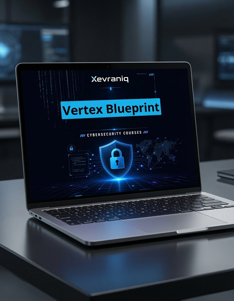 An open laptop on a dark desk displaying a cybersecurity course graphic titled 'Vertex Blueprint' by Xevraniq, with a glowing padlock icon on the screen.