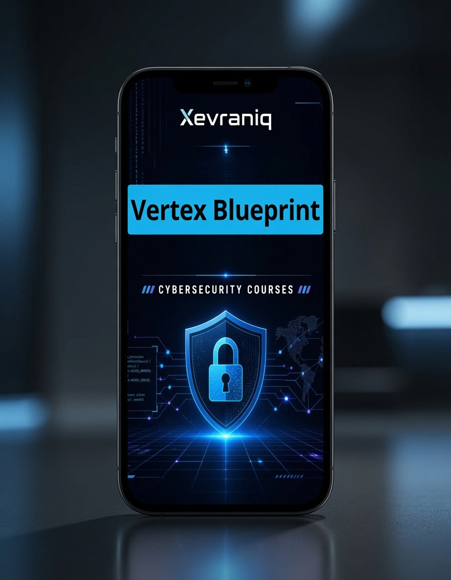 A smartphone centered on a dark reflective surface, displaying a digital course graphic for 'Xevraniq Vertex Blueprint' with blue and cyan graphics and a padlock icon.